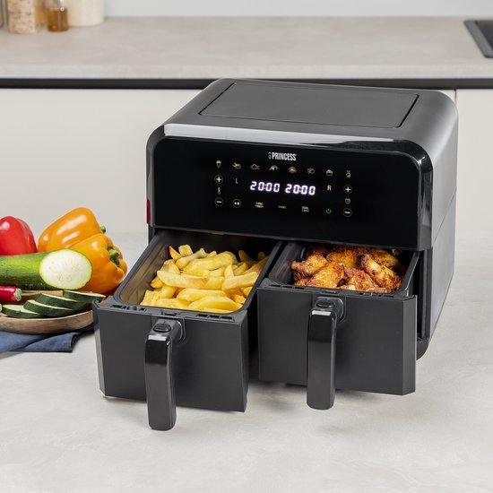Princess Double Basket Airfryer 182068 - Dubbele Airfryer - 8 liter - 2 manden - XXL - 8 programma’s - 2400W - Dubbele heteluchtfriteuse - Touchscreen - Zwart - 80 °C tot 220°C - Sync functie