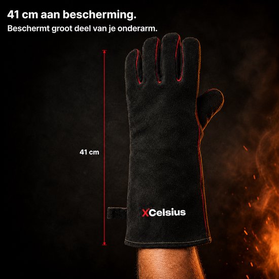XCelsius® BBQ Handschoenen Splitleer – TÜV Gecertificeerd EN407 – Hittebestendige Barbecue Handschoenen en Ovenhandschoenen – Voor Kamado, Gietijzer, Roosters en Heat Deflectors – Cadeaus voor Mannen – 1 Paar – Zwart met Rood
