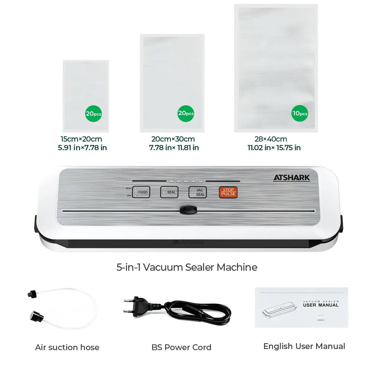 ATSHARK 5-In-1 Vacuum Sealer – High Pressure Touchscreen Design, Fast and Convenient, Includes 50 Vacuum Bags, Ideal for Home Food Preservation, White, VS6621