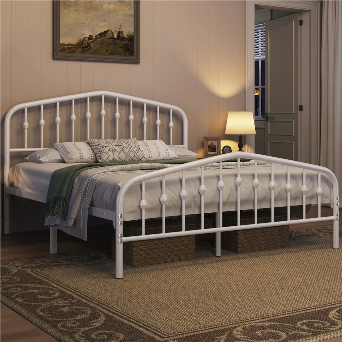 Yaheetech Klassiek Metalen Bed met Hoog Hoofdbord 160x200 cm – Wit – Metaal