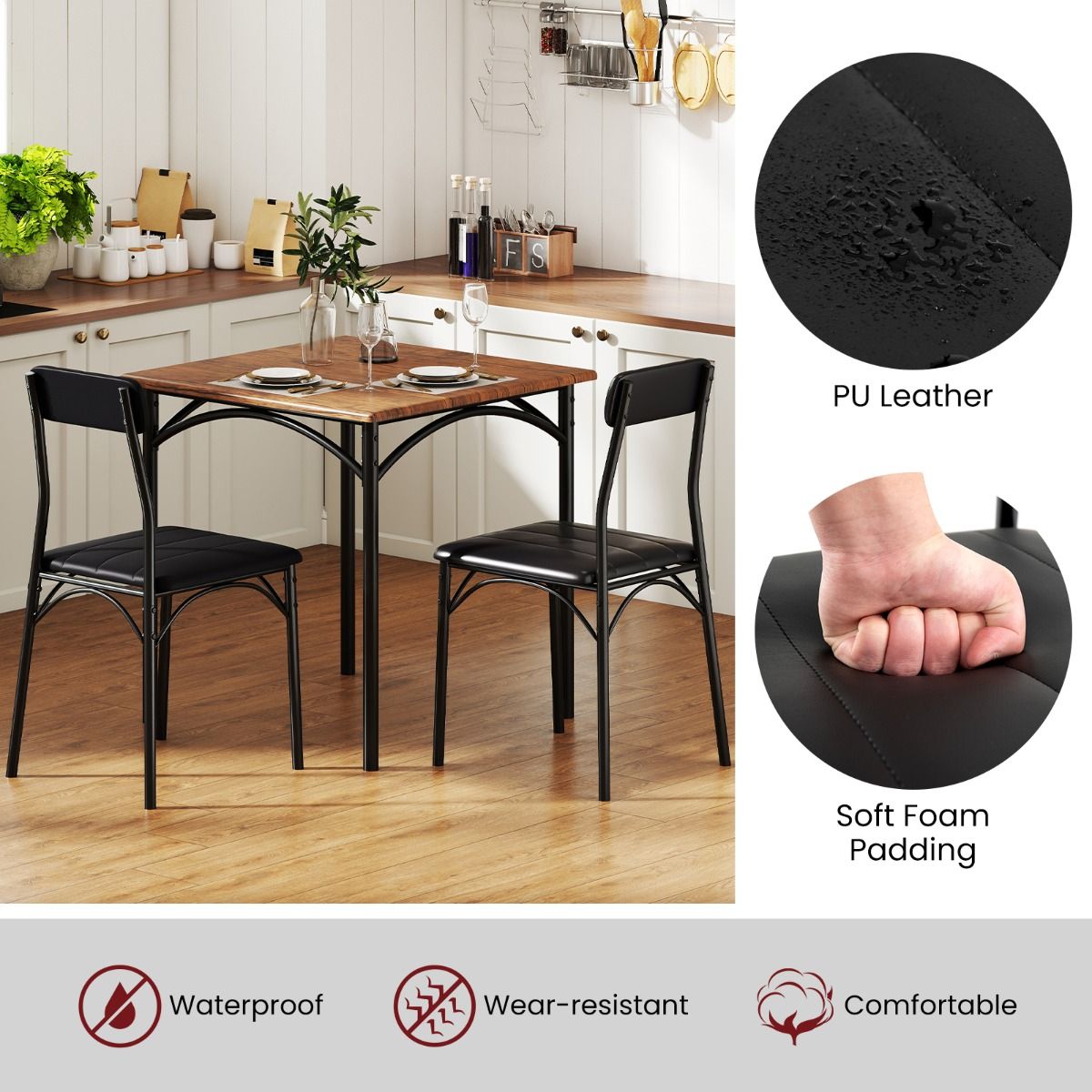 Coast Eethoekset - vierkante tafel met 2 stoelen - kunstleer bekleding - zwart en rustiek bruin