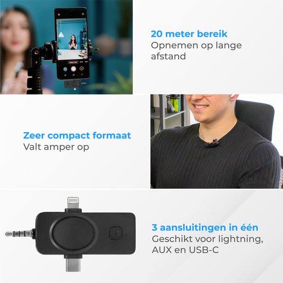 Nuvance - Draadloze Microfoon - 2 Stuks - Geschikt voor Jack 3.5mm, USB-C en Lightning - Dasspeld Microfoon - Lavalier Microfoon Draadloos - Microfoons - Plug & Play