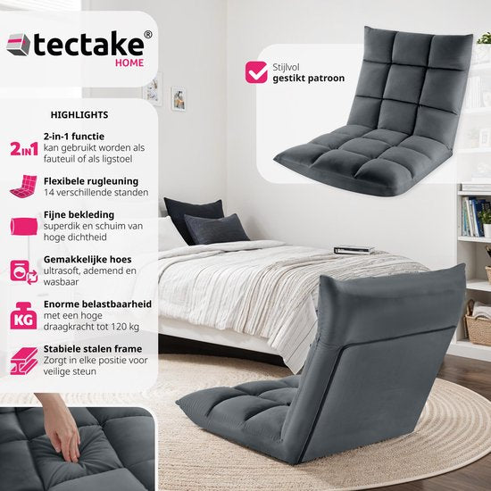 tectake® Relaxstoel - Relaxfauteuil - XXL vloerstoel - Opvouwbaar met ligfunctie - Vloerstoel met verstelbare rugleuning - Te gebruiken als fauteuil, zitkussen, vloerkussen, relaxligstoel of voor meditatie - Grijs