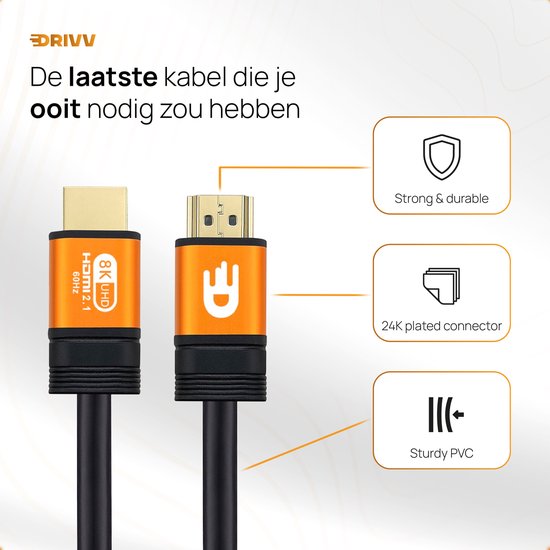 Drivv. Premium HDMI Kabel 2.1 - Ultra HD High Speed 8K - HDMI naar HDMI - Geschikt voor Xbox Series X & PS5 - 3 meter - Oranje