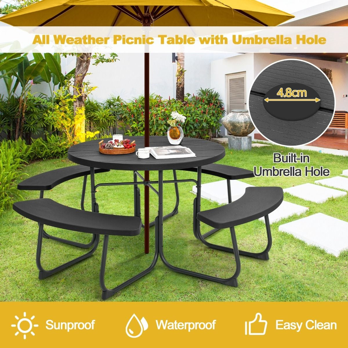 Coast Picknicktafel met 4 Banken - Rond - 8 Personen - Max. 225 kg per Bank - Ø190cm x 76 cm - Zwart