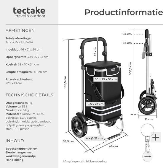 tectake® 3-in-1 Boodschappentrolley met Koelvak - Opvouwbaar - 56L Inhoud - Boodschappenwagen - Boodschappenkar - Ook als Steekwagen en Boodschappentas - Met Sleutelhanger en Winkelwagenmunt - Zwart