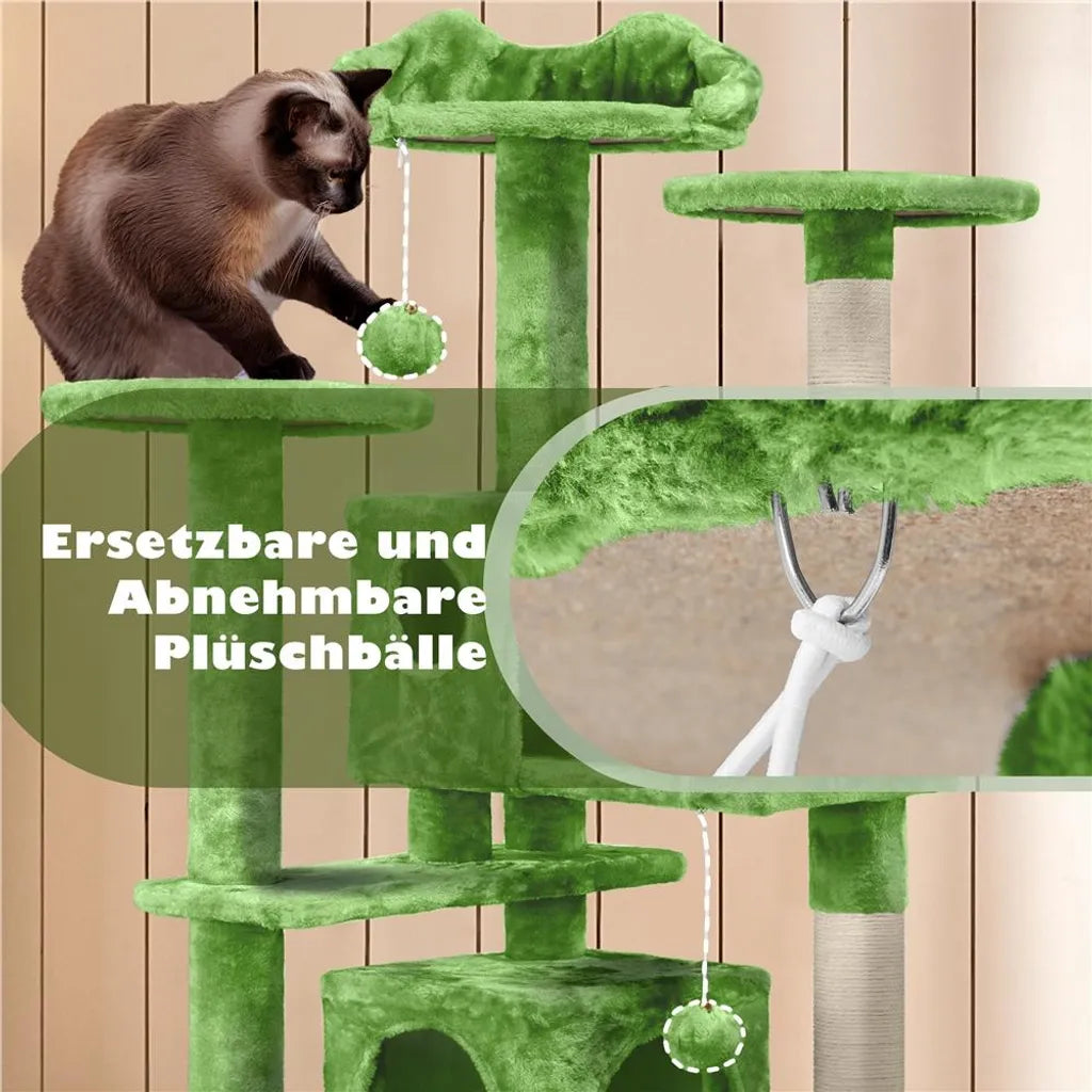 Yaheetech Krabpaal met 3 Ligplatforms en 2 Slaapgrotten - Groen - 49 x 49 x 139 cm