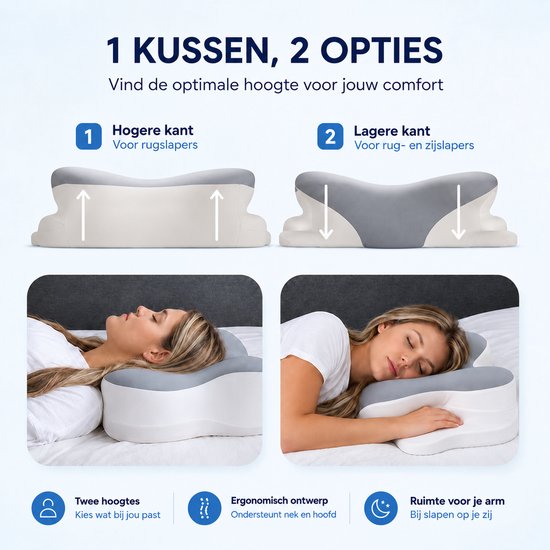Ergonomisch Hoofdkussen - 95% Katoen - Hoofdkussen Nekklachten - Vlinderkussen - Voor Rug-, Buik- en Zijslapers - Memory Foam - Traagschuim Kussen - Slaapkussen - Kussen - Ergonomisch Kussen - Orthopedische Kussens - Zacht