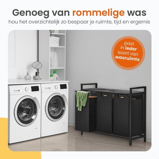 Goliving Wassorteerder – Wasmand met 3 vakken – Wasbox – Oxfort textiel/Metaal/Hout – 3 x 38 Liter – 25 x 92.5 x 71 cm – Zwart