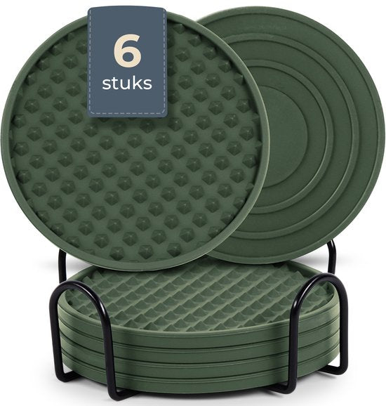 Castagnola Siliconen Onderzetters – Onderzetters voor Glazen – Design Onderzetters met Houder – Onderzettersset – Anti Slip - Set van 6 – Groen