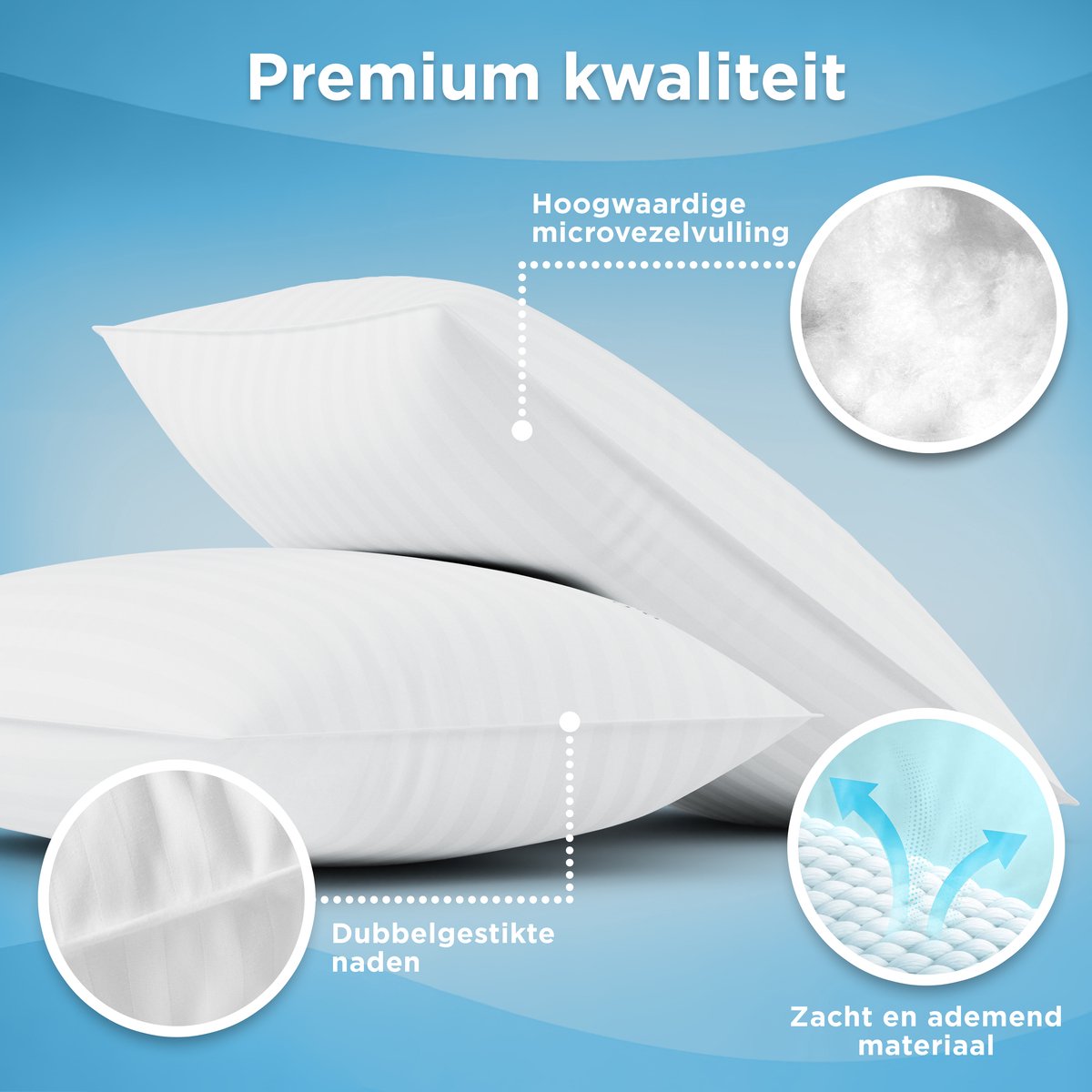 CozySense Hoofdkussen Set van 2 – 50x70 cm – Wit – Katoenen Tijk – Zachte Microvezelvulling