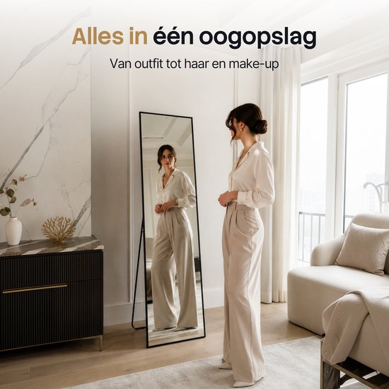 Infinity Goods Passpiegel - Wandspiegel - Staande Rechthoekige Spiegel - Luxe Metalen Rand - 160 x 40 cm - Zwart