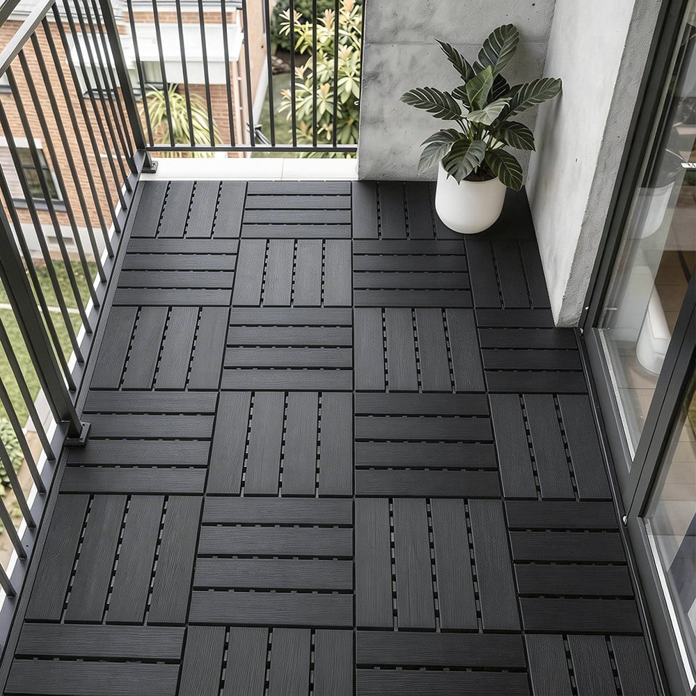 Sobuy Kunststof Terrastegels Zwart - Kliksysteem - Houtnerfstructuur - 15 tegels - 30,5 x 30,5 x 2 cm