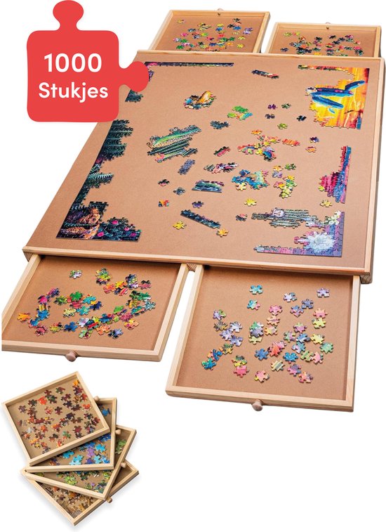 Diydash - Puzzelbord & Puzzeltafel - 1000 Stukjes - 83 x 64 cm - Met 4 Sorteerlades & Opbergsysteem - Puzzelplank - Hout - Bruin
