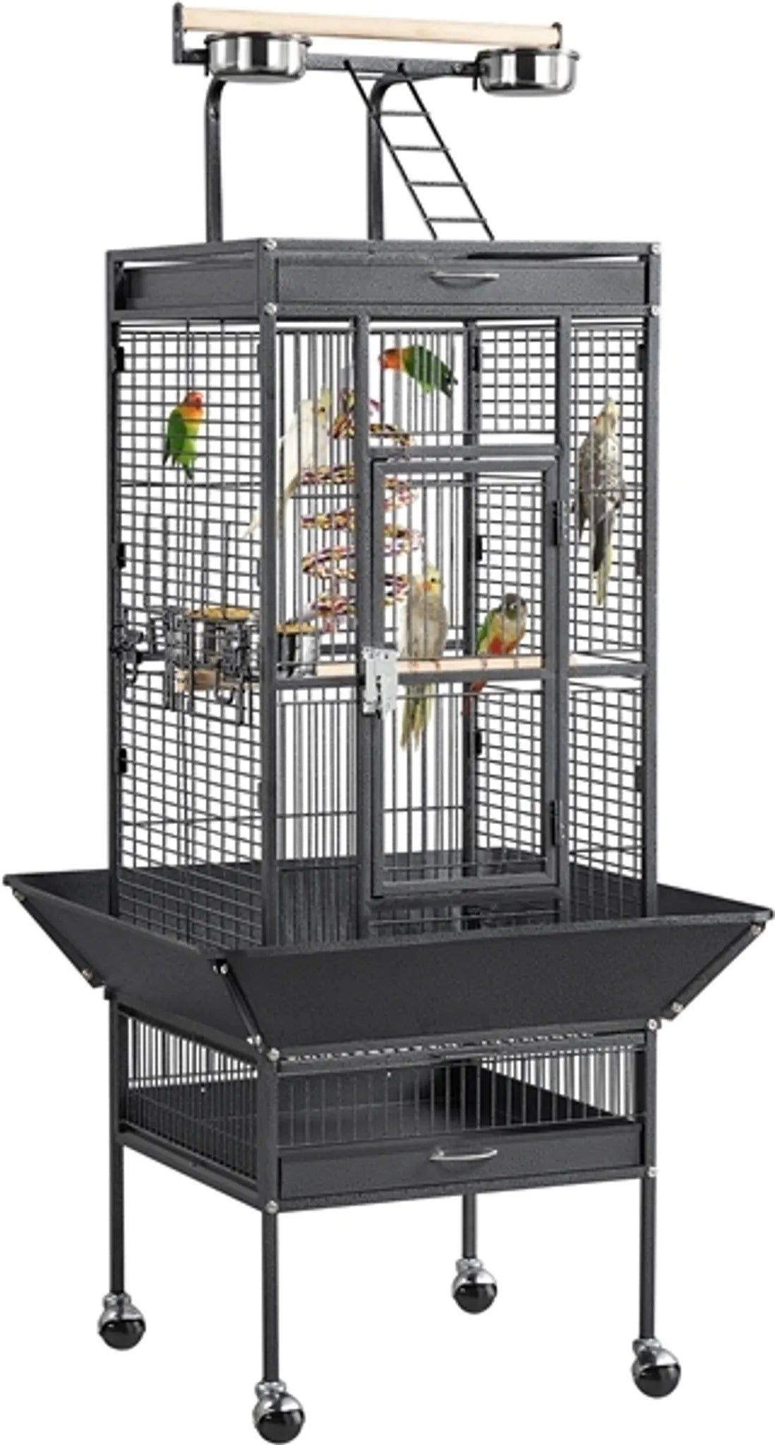 Yaheetech Papegaaienkooi Met Speelplateau – Voorzien Van Zaadvanger En Uitschuifbare Mestlades En Voerluikjes – Voor Valkparkieten En Papegaaien – Zwart Poedergecoat IJzer – 65,5 x 65,5 x 156 cm