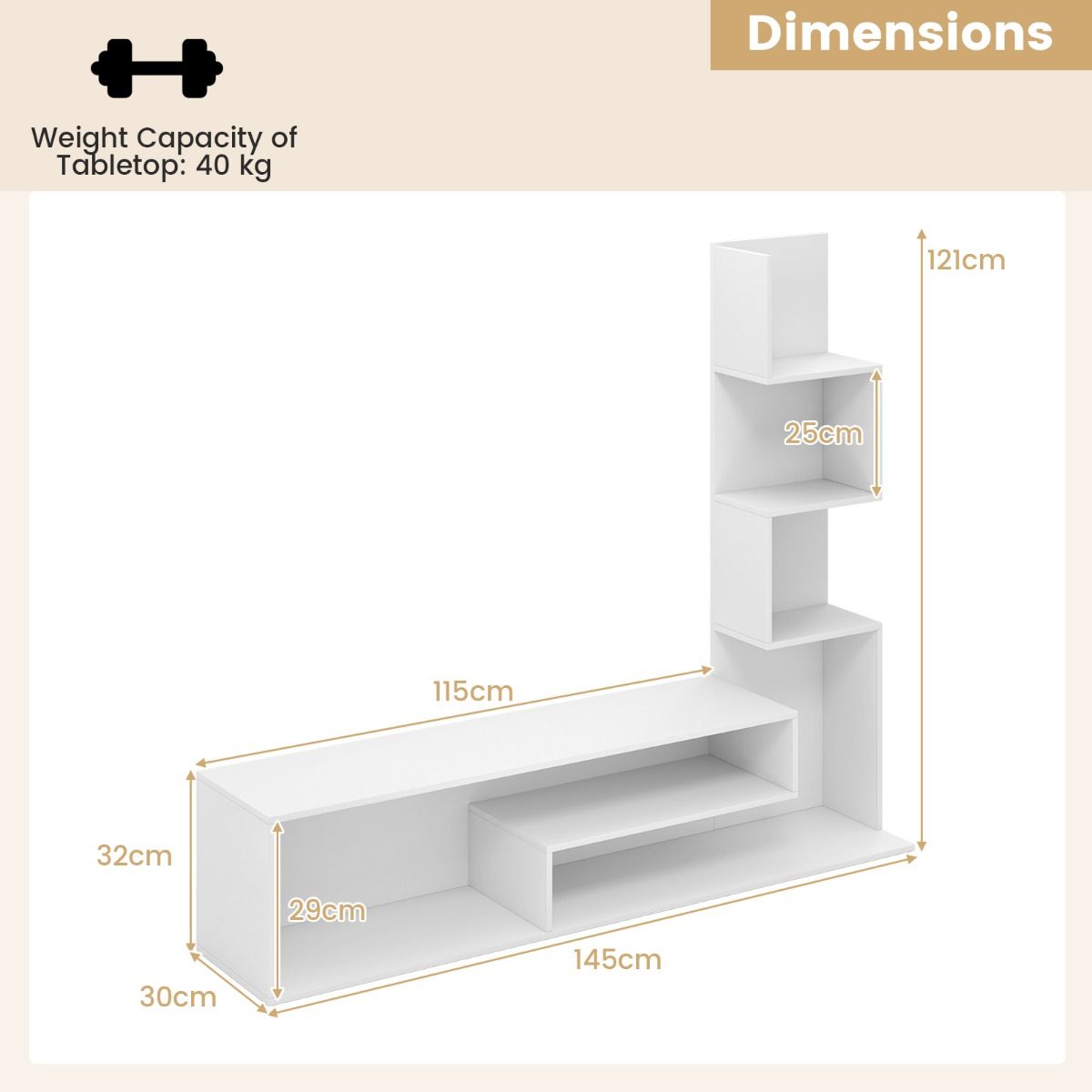 Coast TV-meubel - kubusvormig - L-vormige opbergplanken - wit/bruin - voor tv's tot 50 inch