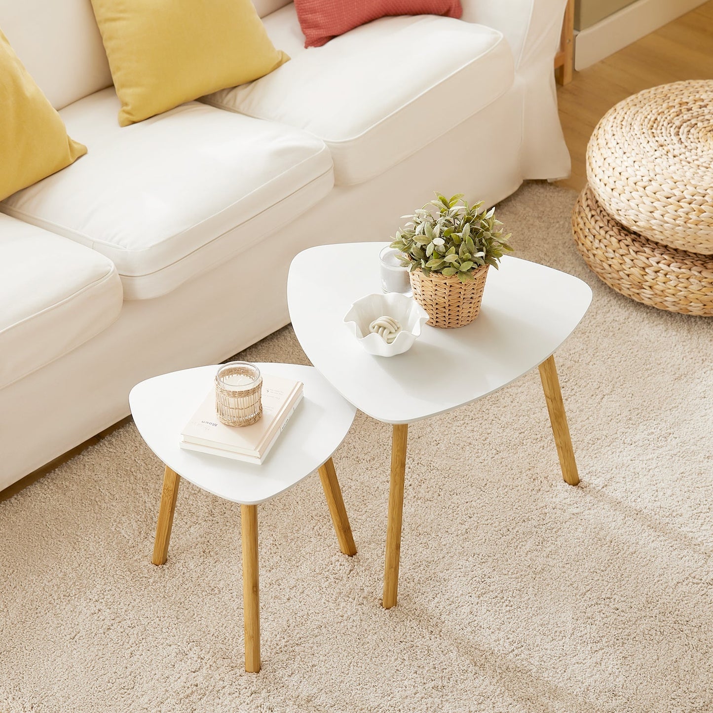 Set van 2 kleine tafels met planken, salontafel, salontafel, kleine tafel, bamboe, wit/naturel