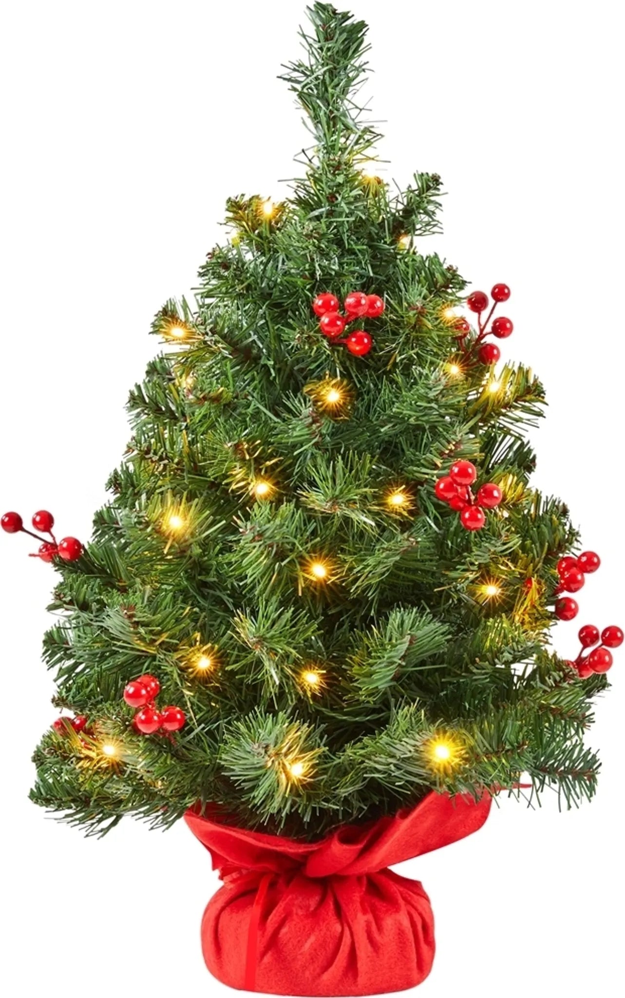 Yaheetech Tafelkerstboom Met Verlichting – 38 x 38 x 60 cm – Voorzien Van 35 LED-Lampjes En 40 Rode Bessen En Betonnen Voet Met Rode Doek – Voor Dressoir En Kantoor – Groen PVC En Beton