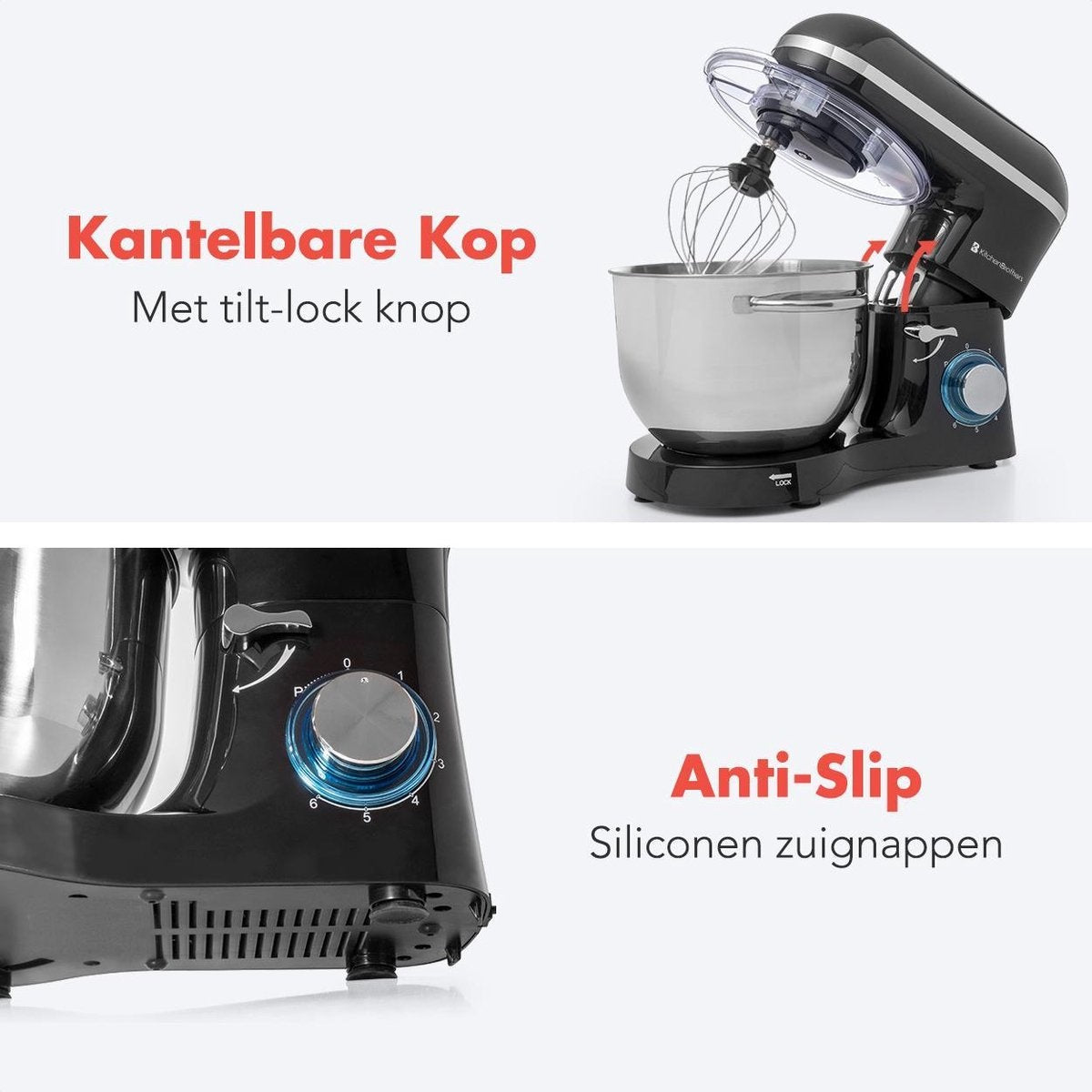 KitchenBrothers Keukenmachine & Keukenmixer – Incl. Mengkom – 1400 W – 38,7 x 23,8 x 31,4 cm – Zwart