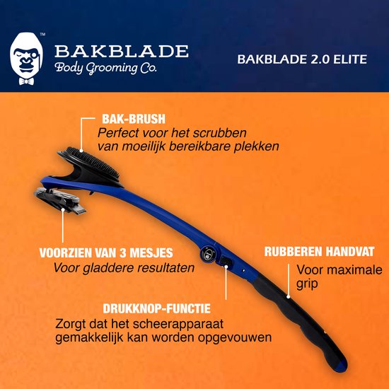 baKblade Back Shaver Elite Plus – Rug Scheren Mannen - Rug Scheerapparaat met 3 Scheermesjes en Scrub - Makkelijk Rughaar Verwijderen met Backblade - Bodytrimmer Heren - Bodygroomer