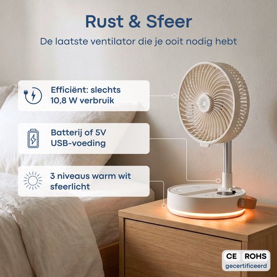 Aironex Opvouwbare Draagbare Ventilator – Stille Tafelventilator & Staande Ventilator – USB Oplaadbaar en Draadloos met LED-licht – Compacte Mini Ventilator voor Bureau, Slaapkamer, Thuis, Kantoor & Camping - Ventilatoren