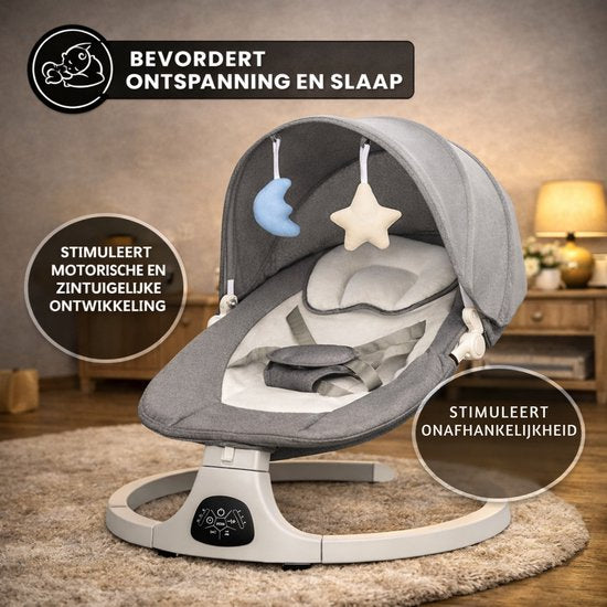 Oemmie Elektrische wipstoel - Baby swing - Schommelstoel baby - Baby wipstoel - Inclusief bluetoothfunctie en afstandsbediening - 5 Schommelstanden - Grijs