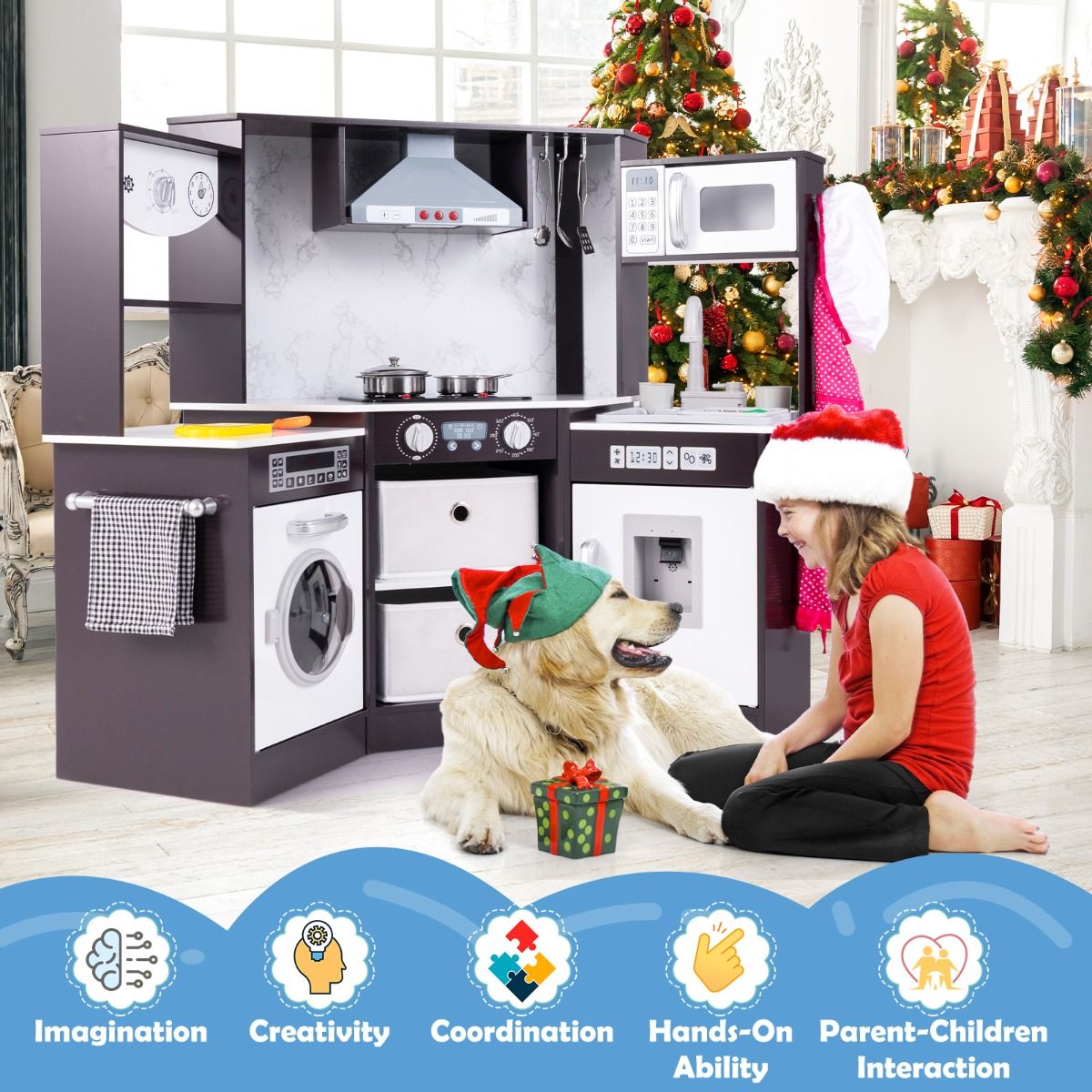 Coast Houten Kinderkeuken - met licht, geluid en waterdispenser - wasmachine en accessoires - bruin