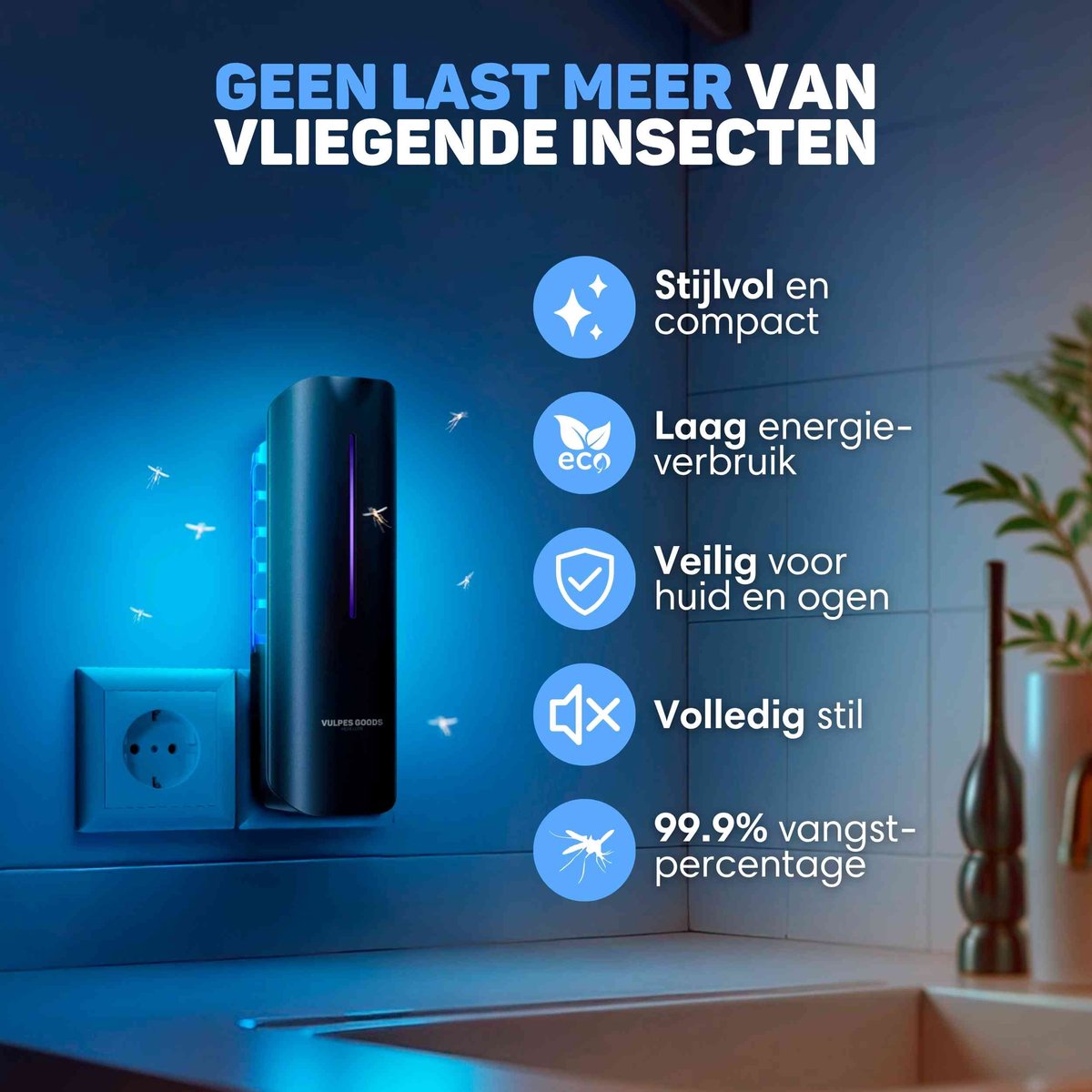 Vulpes Goods® Verjager Muggenlamp 9x9x25cm – Grijs – UV-LED Vliegenlamp met Plakstrip – Stil, Geurloos & Gifvrij – Inclusief 10 Navulbare Lijmplaten – Voor Binnengebruik