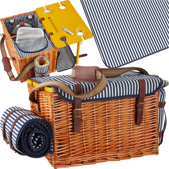 tectake® complete Picknickmand Set Texel - Luxe 24-delige Picknick set voor 2 personen - Rieten Picknick Mand met Picknickkleed - Inclusief Koelvak, Set met Borden, Kunststof Wijnglazen en Roestvrijstalen Bestek