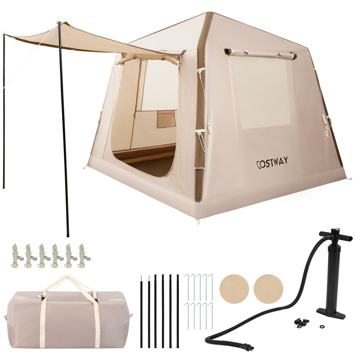 Coast Opblaasbare Campingtent - 2 tot 4 personen - Inclusief pomp en draagtas - Khaki - 210 x 210 x 180 cm