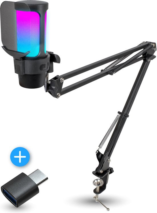 Nuvance - USB Microfoon met Arm - voor PC en Gaming Microfoon - met Ruisfilter - Inclusief USB-C Converter - Streaming Microphone - RGB