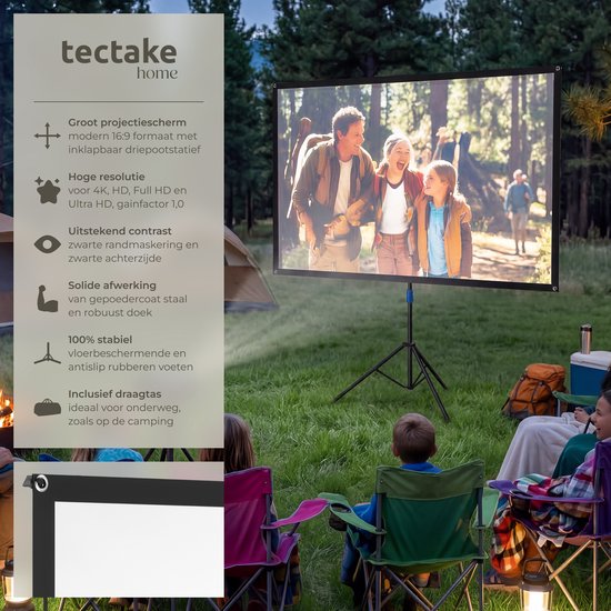 tectake® Beamer Scherm - 60 Inch - 16:9 Projectiescherm met Statief - 4K HD - Oprolbaar - Uittrekbaar - Projectiedoek - Presentatiescherm - Inclusief Draagtas