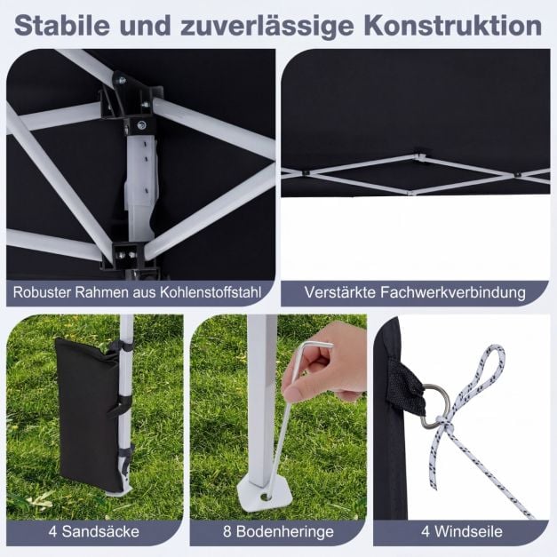 Coast Pop-Up Partytent 290 × 290 cm – Opvouwbaar Paviljoen met 3 Hoogtestanden, Draagtas, Scheerlijnen & Grondpennen – Zwart