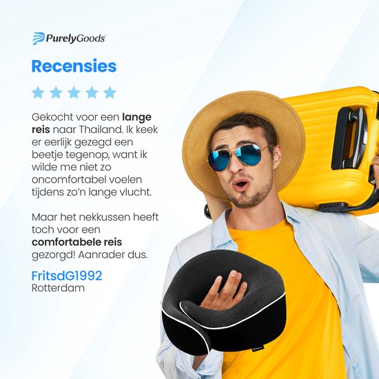 PurelyGoods® Nekkussen - Luxe Reiskussen Set - Traagschuim - Memory Foam - Vliegtuig & Auto - Zwart - Incl. Slaapmasker en Oordopjes