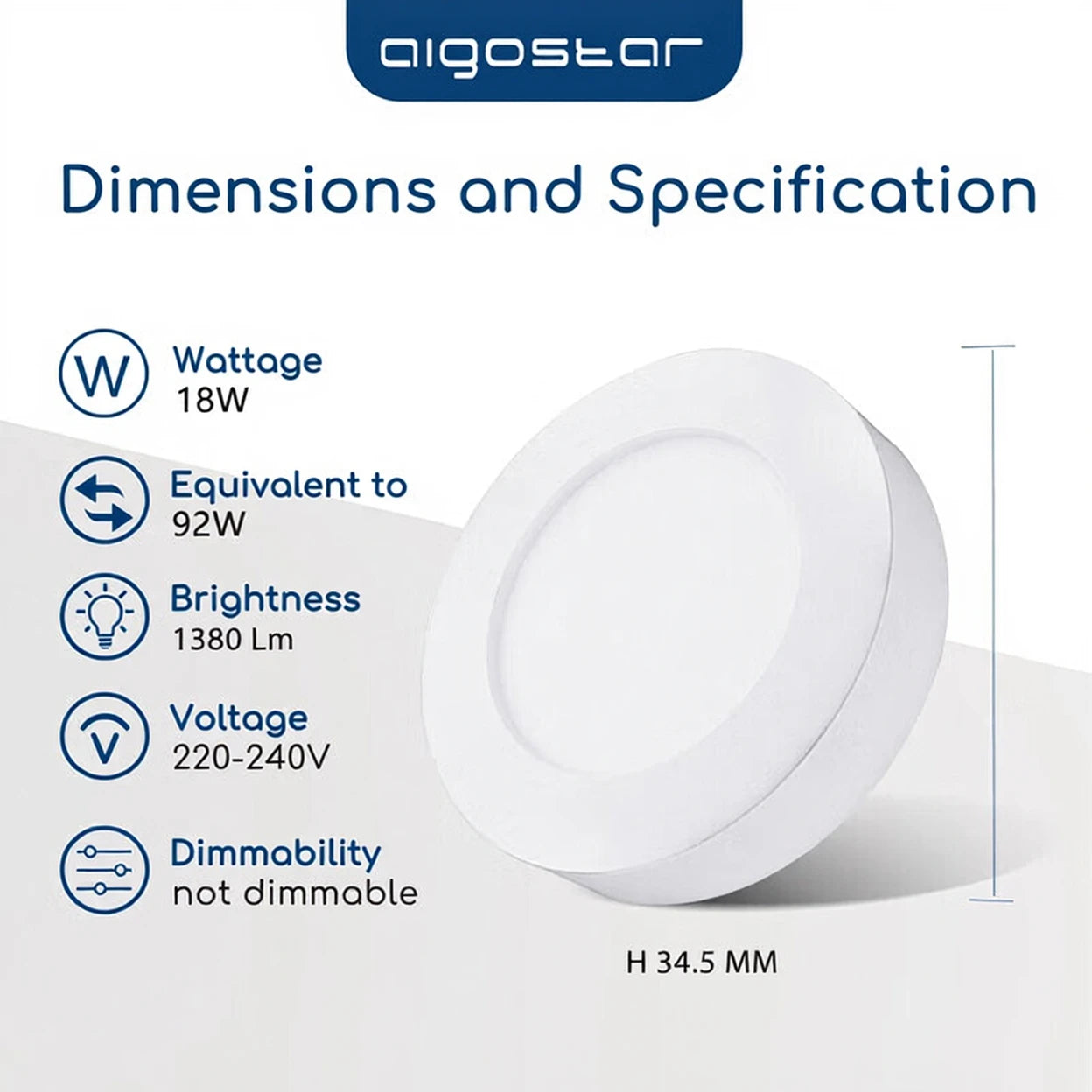 Aigostar E6 LED Opbouw Downlight Rond - 18 W - 1880 lm - 6000 K Daglicht - Ø22,6 cm - 3,45 cm Hoog - Wit
