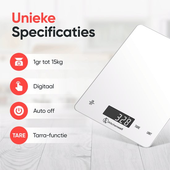 Kitchenwell Digitale Precisie Keukenweegschaal – Weegschaal Keuken - 1gr - 15kg – Tarra Functie - USB Oplaadbaar - Wit