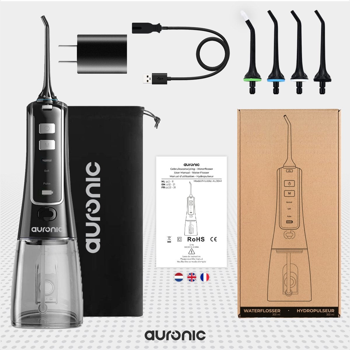 Auronic Waterflosser - Elektrisch - Monddouche - 3 Standen - 4 Opzetstukjes - 300 ml - Zwart