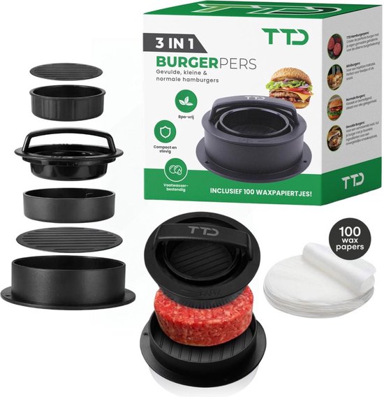 TTD® Hamburgerpers en Hamburgermaker - Smash Burger - Grillgroeven - BBQ Accessoires - Burgerpers - Barbecue Accessoires - Burger Press - Ook voor Miniburgers en Gevulde Burgers - Vaatwasserbestendig - BPA Vrij - Inclusief 100 Waxpapiertjes - Zwart