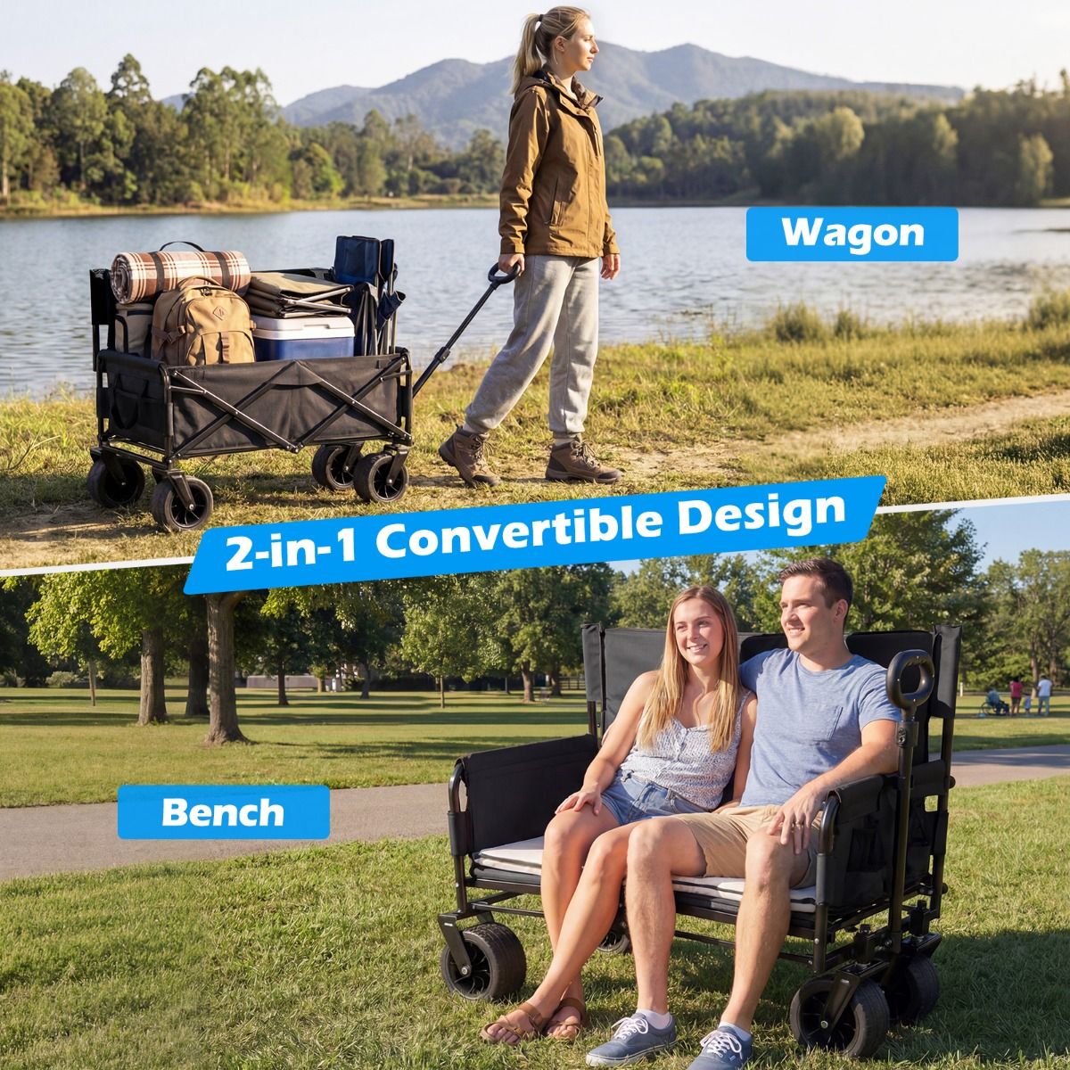 Coast Opvouwbare kinderwagenbank - 2-in-1 met verstelbare duwstang - all-terrain wielen - zwart