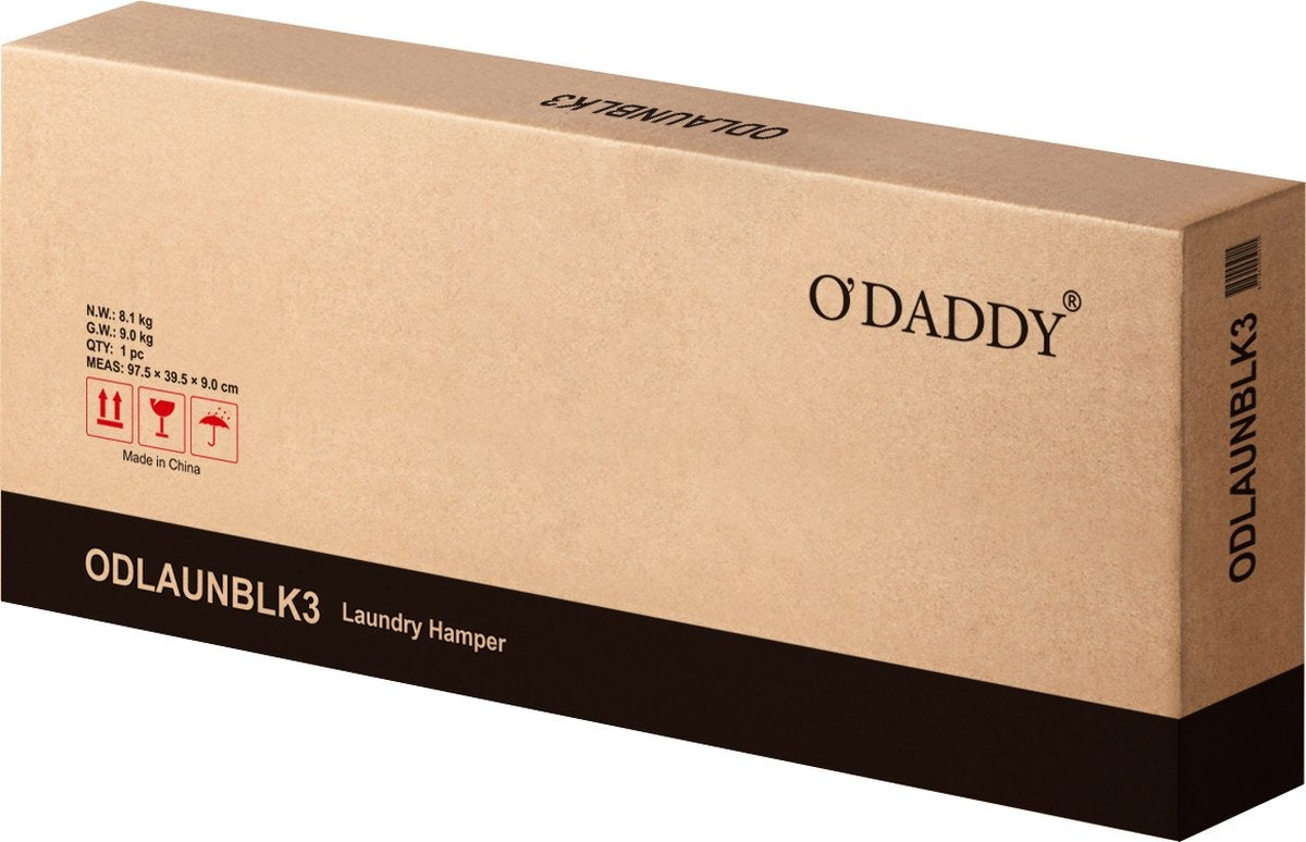 O'DADDY Wasmand met 3 Vakken – Houten Bovenblad & Metalen Frame – 114L – 92,5 x 33 x 71 cm – Zwart & Rustiek Bruin
