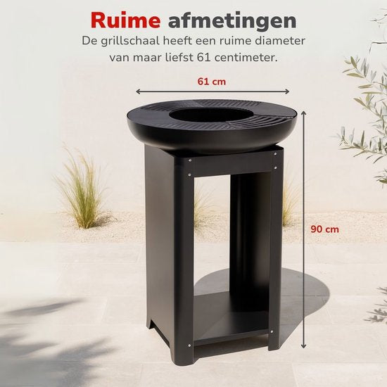 alpina 3-in-1 Vuurkorf en Grillplaat - Tuinhaard 61 x 90 cm - met Teppanyaki Bakplaat - Plancha BBQ met Brandhout Opslagplaats - Vuurkorf voor Buiten - Metaal