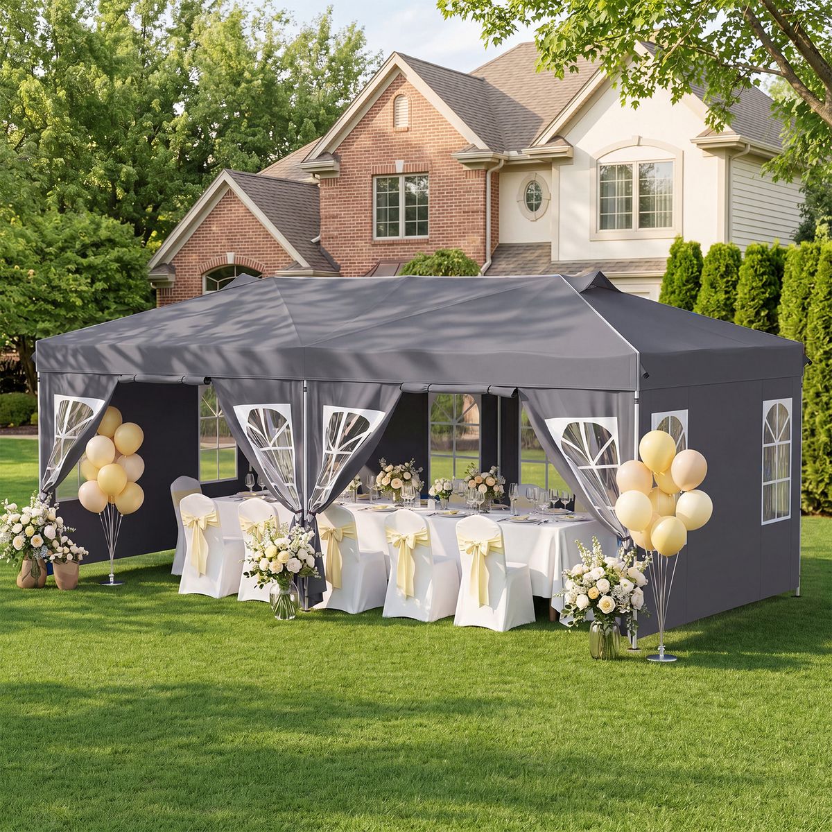 Coast Pop-up Partytent - Hoogteverstelbaar met 6 zijwanden en ramen - Grijs 3x6 meter