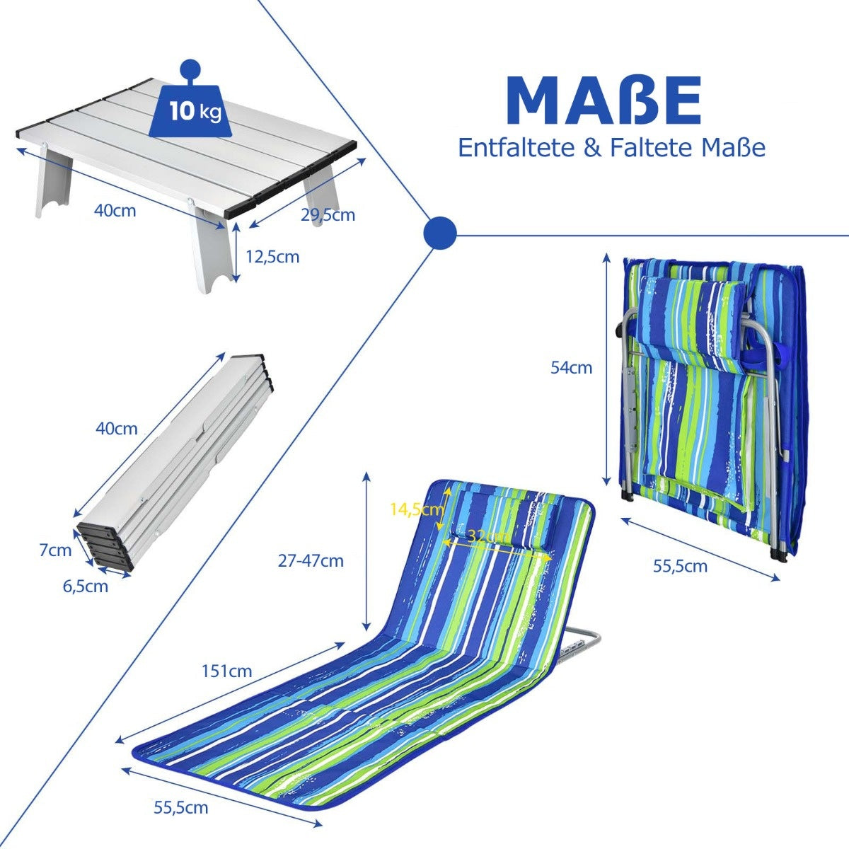 Coast 2 Opvouwbare Strandmatten met Bijzettafel - 151 x 55,5 x 27-47 - Blauw/Groen