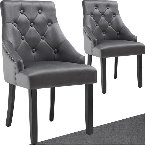 tectake 2 Eetkamerstoelen Set – Fluweellook & Armleuningen – Draagvermogen 120 kg – 52 x 57 x 91 cm – Donkergrijs/Zwart