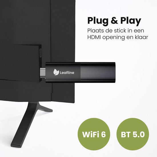 Leafline® Android TV Stick – Google TV Streamer - Ingebouwde Chromecast - Android TV Box – Met Afstandsbediening & Spraakbesturing