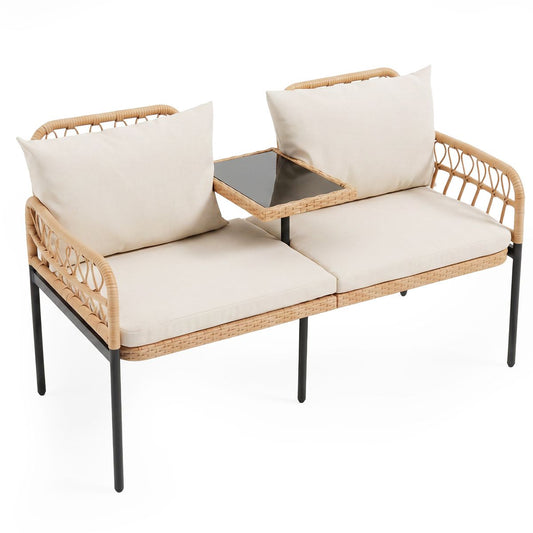 Coast tuinbank met kussens - 2-zits balkonbank - geïntegreerde glastafel - natuurlijk polyrattan - 137 x 64 x 84 cm