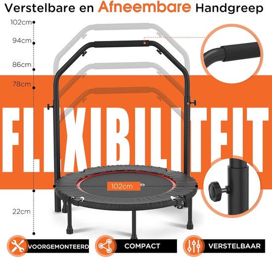 DH FitLife Fitness Binnen Trampoline Vouwbaar zonder Installatie | Ø102 cm 40 Inch | Draagvermogen 150 KG | 4 Verstelbare Handgreepstanden | Stabiel en Stil voor Kinderen en Volwassenen