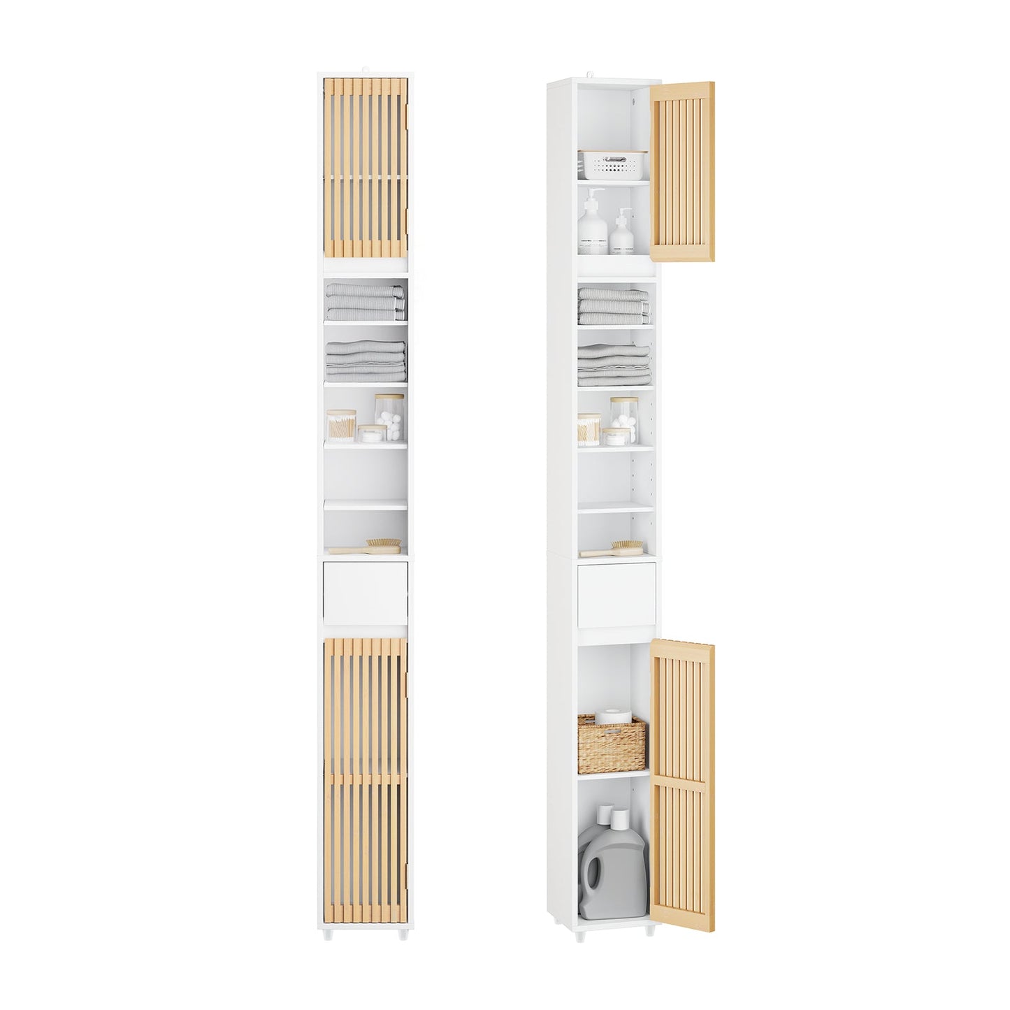 sobuy hoge badkamerkast met bamboe deuren - 20 × 20 × 180 cm | wit