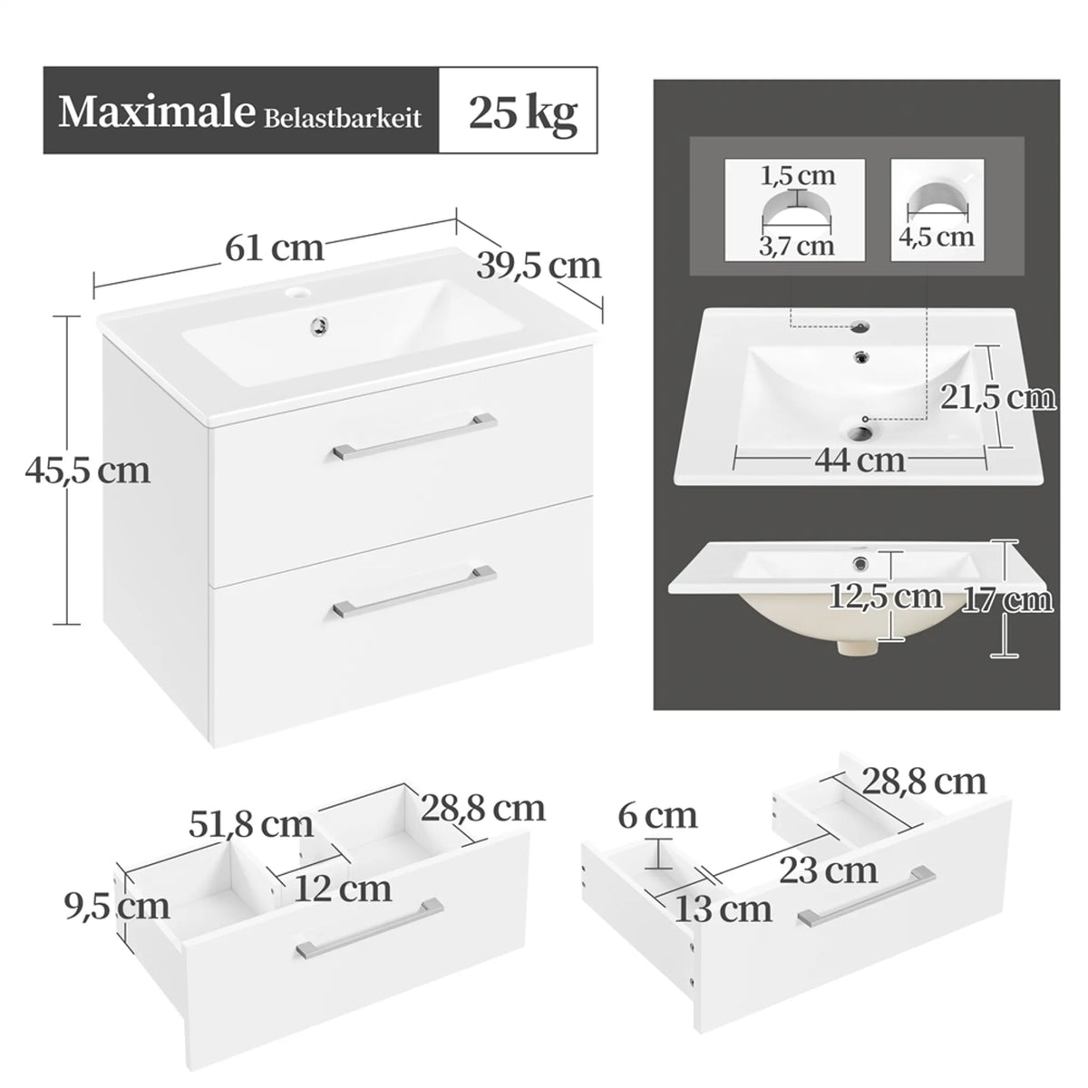 Yaheetech Hangende Wastafelonderkast met Keramische Wastafel - 2-delig - 61 x 39,5 x 45,5 cm - Wit