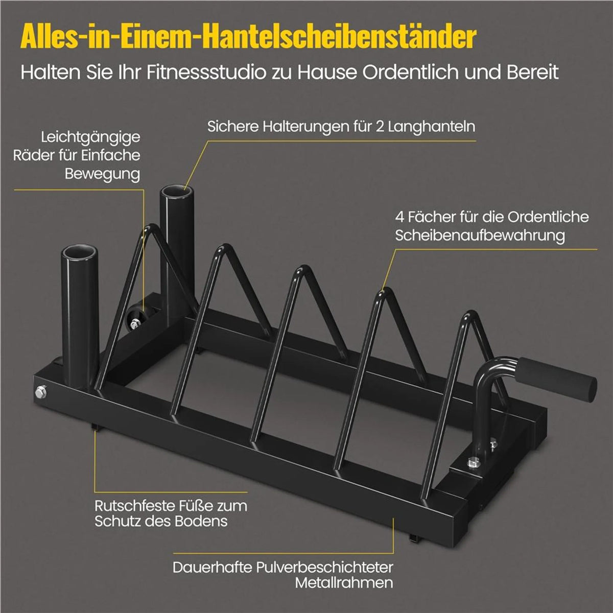 Yaheetech Halterrek Voor Halterschijven En Stangen – Voorzien Van 4 Opbergvakken En 2 Halterhouders En Transportwielen – Voor Olympische Halterstangen En Gewichten – Zwart Metaal – 94 x 33 x 30 cm